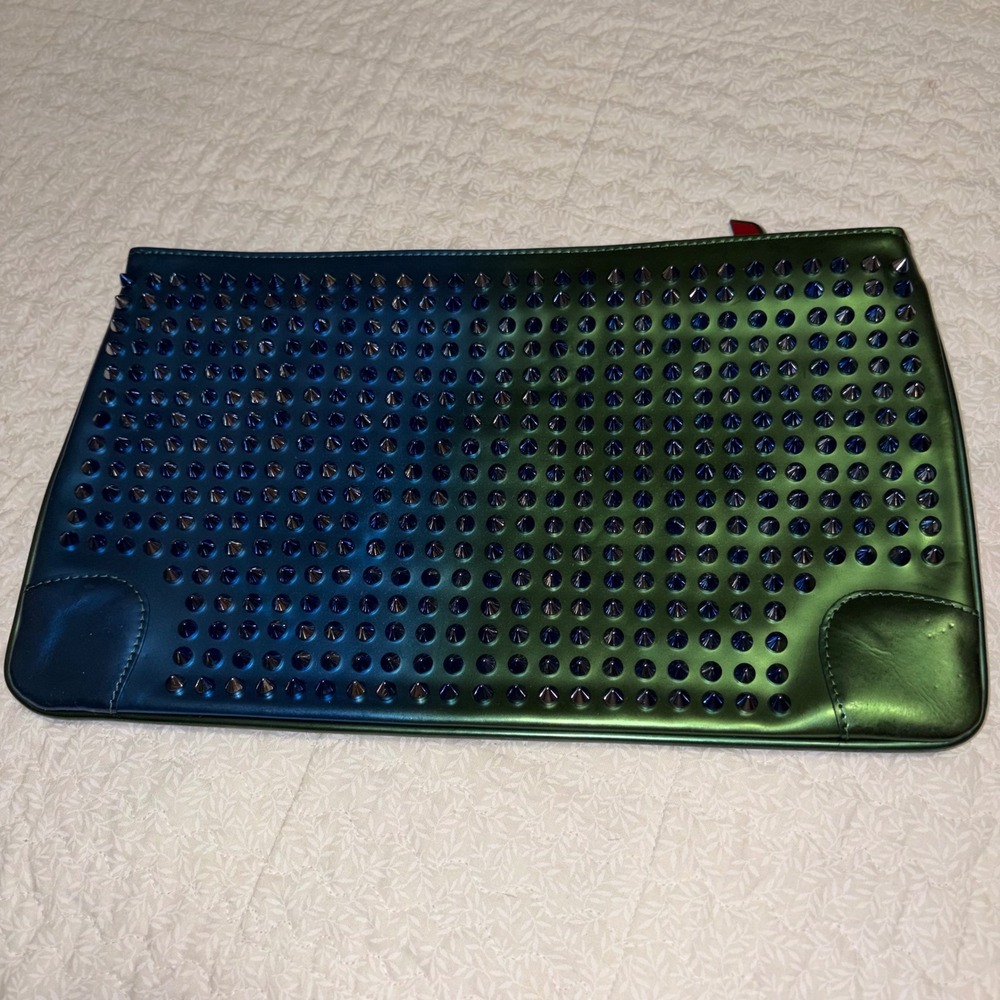 Christian Louboutin Skypouch Iridescent Spiked Metallic Blue Green Clutch Bag - Picture 2 of 5